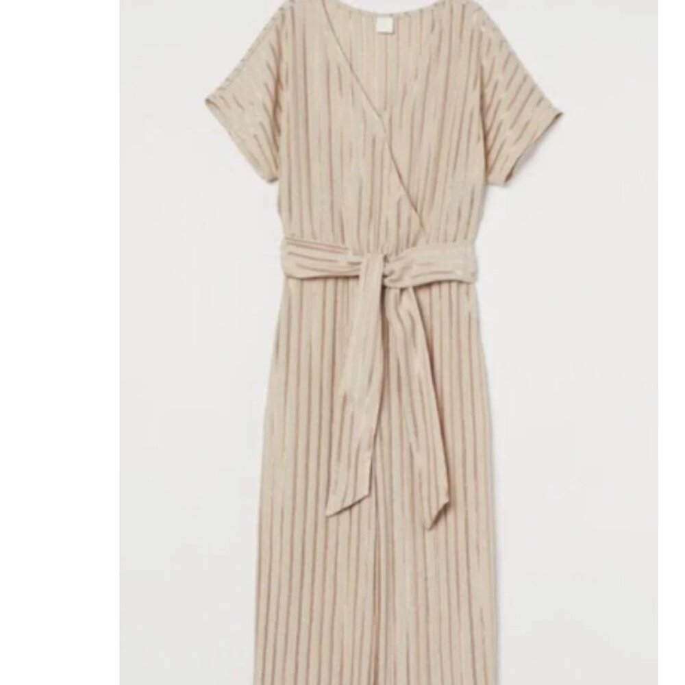 H&M Gold & Taupe Metallic Striped Wrap Jumpsuit, Wide Leg, Small